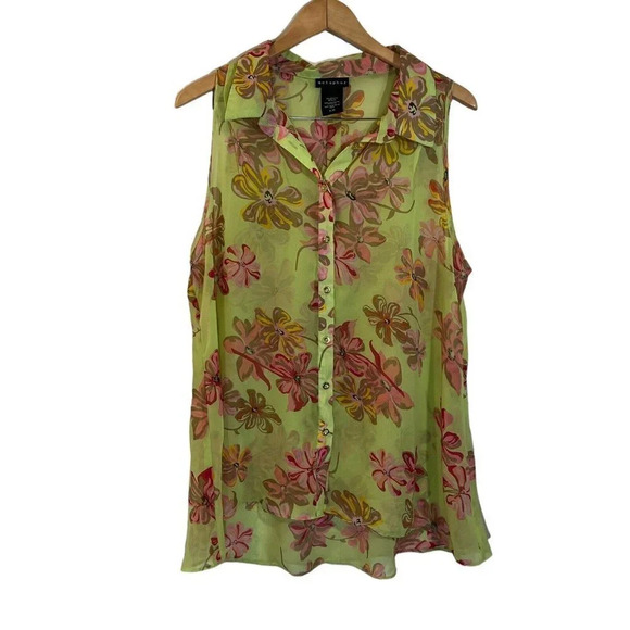 Metaphor Tops - Metaphor Floral Sheer Button Up Tank Top Size XL Collared Bright Colors Thin